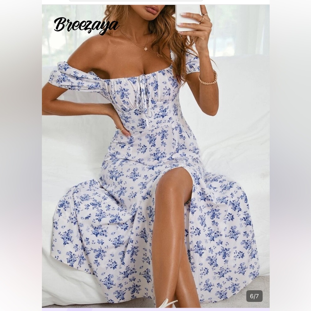 SHEIN White Maxi Dress with Blue Floral Print and Side Slit